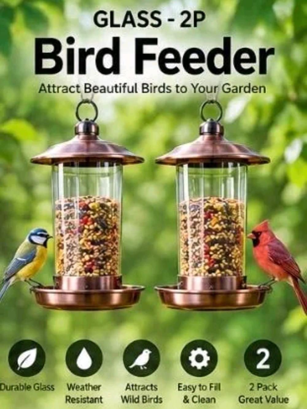 Copper Glass Bird Feeder - 2 Pack
